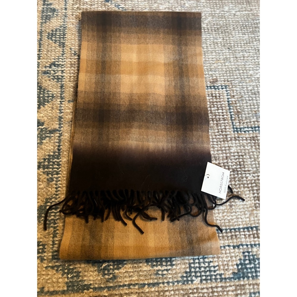 Nordstrom 100% Cashmere Scarf Brown Tan Ombre Plaid Fringe Unisex Luxury